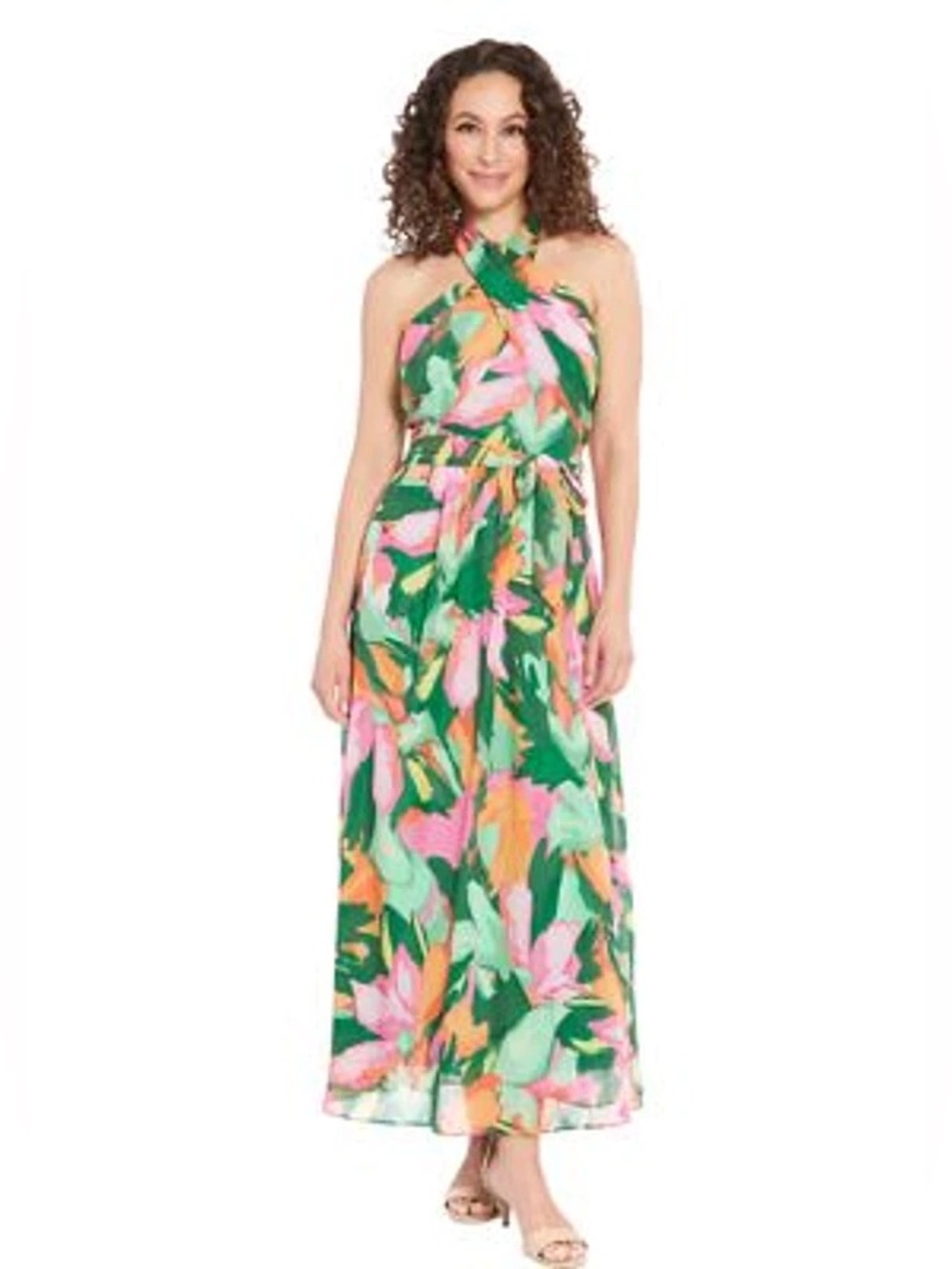 London Times Green and Pink Floral Halter Twist Top Maxi Dress